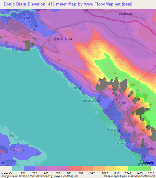 Donja Brela,Croatia Elevation Map