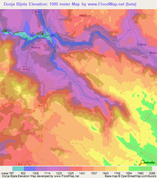 Donja Bijela,Montenegro Elevation Map