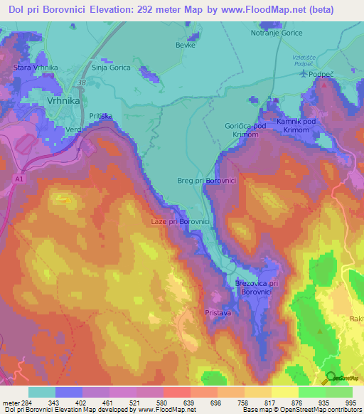 Dol pri Borovnici,Slovenia Elevation Map