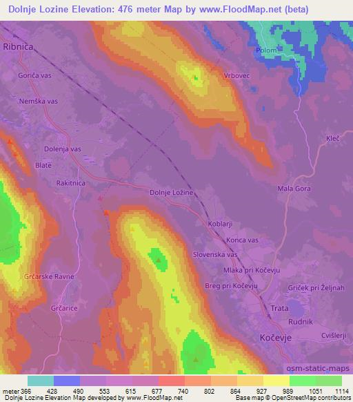 Dolnje Lozine,Slovenia Elevation Map