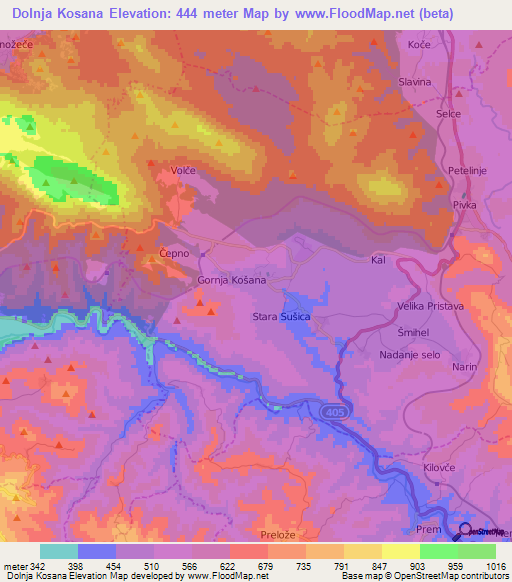 Dolnja Kosana,Slovenia Elevation Map