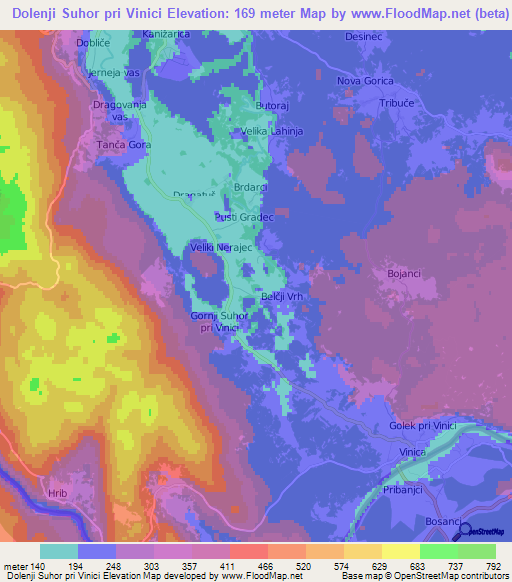 Dolenji Suhor pri Vinici,Slovenia Elevation Map