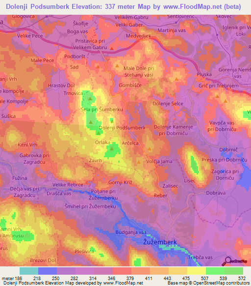 Dolenji Podsumberk,Slovenia Elevation Map