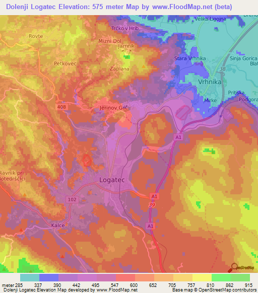 Dolenji Logatec,Slovenia Elevation Map