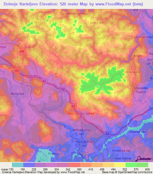 Dolenje Karteljevo,Slovenia Elevation Map