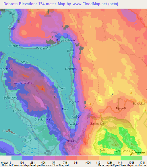 Dobrota,Montenegro Elevation Map