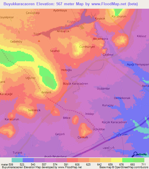 Buyukkaracaoren,Turkey Elevation Map