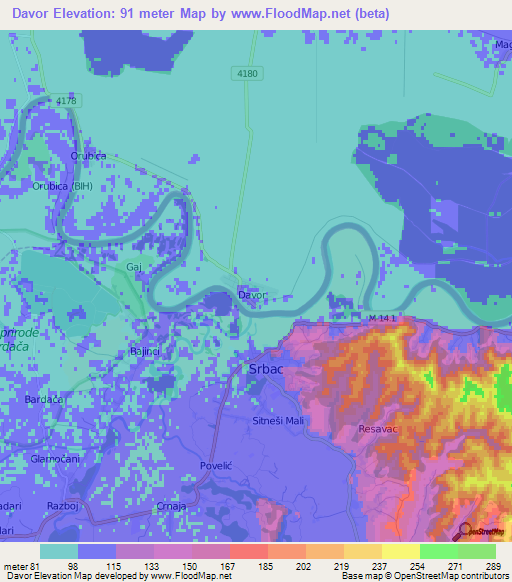 Davor,Croatia Elevation Map