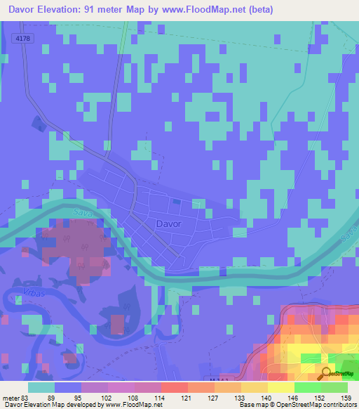 Davor,Croatia Elevation Map