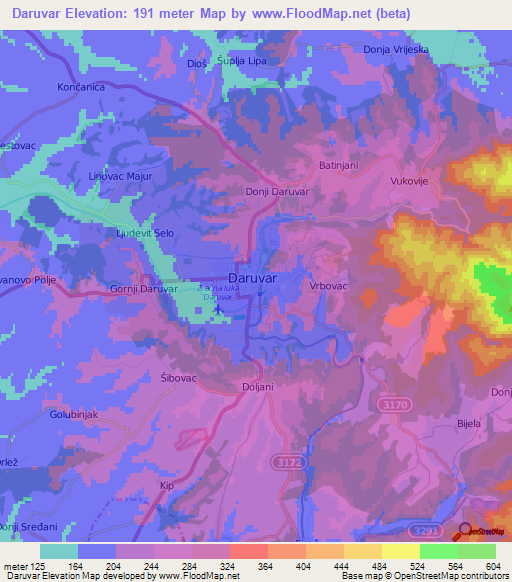 Daruvar,Croatia Elevation Map