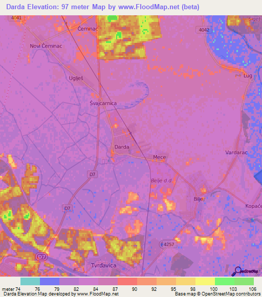 Darda,Croatia Elevation Map