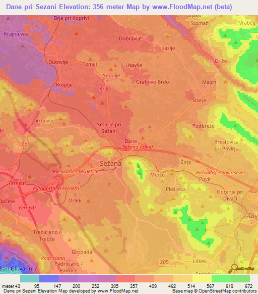 Dane pri Sezani,Slovenia Elevation Map