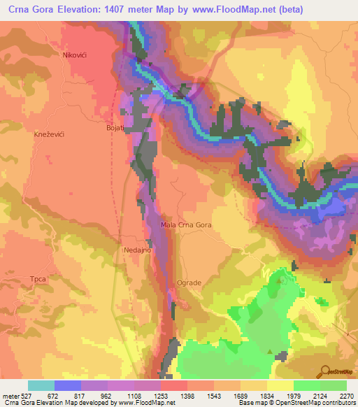 Crna Gora,Montenegro Elevation Map