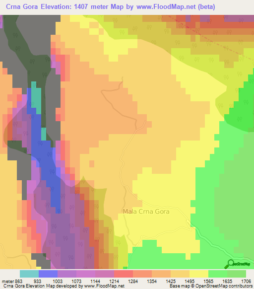 Crna Gora,Montenegro Elevation Map