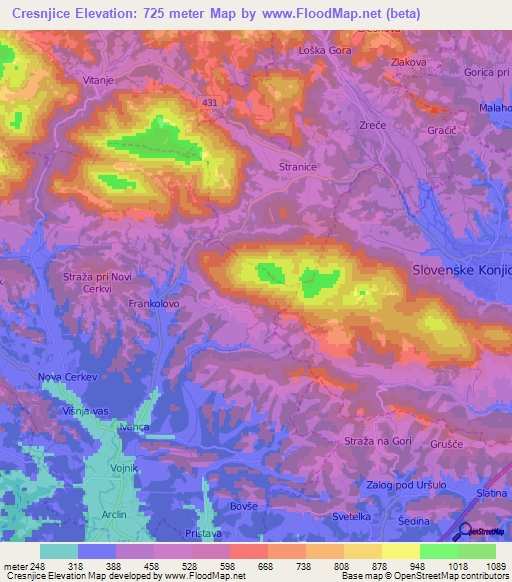 Cresnjice,Slovenia Elevation Map