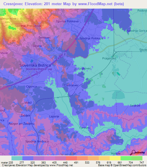 Cresnjevec,Slovenia Elevation Map
