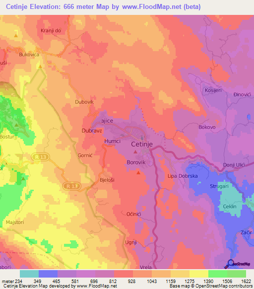 Cetinje,Montenegro Elevation Map