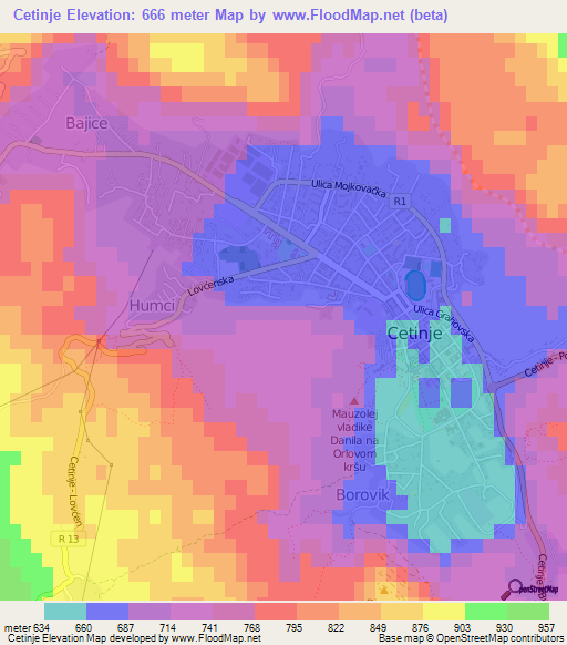 Cetinje,Montenegro Elevation Map