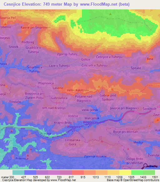 Cesnjice,Slovenia Elevation Map