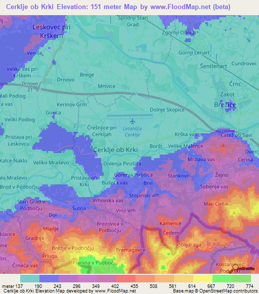 Cerklje ob Krki,Slovenia Elevation Map