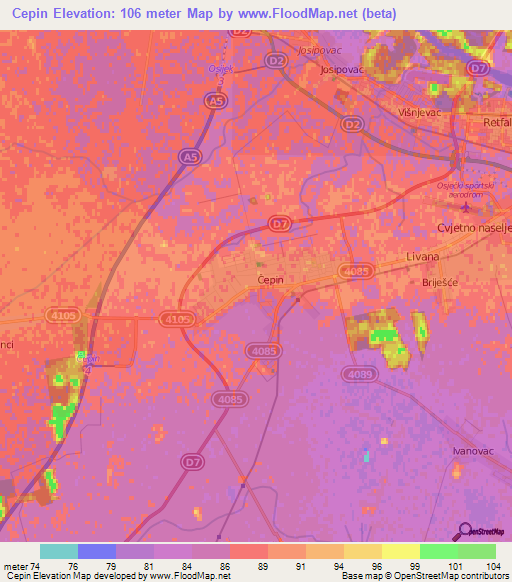 Cepin,Croatia Elevation Map