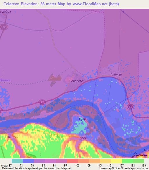 Celarevo,Serbia Elevation Map