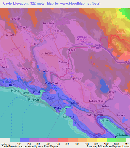 Cavle,Croatia Elevation Map