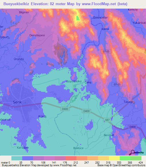Bueyuekbelkiz,Turkey Elevation Map