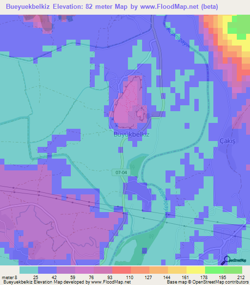 Bueyuekbelkiz,Turkey Elevation Map