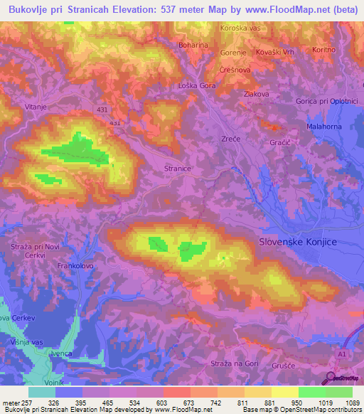 Bukovlje pri Stranicah,Slovenia Elevation Map