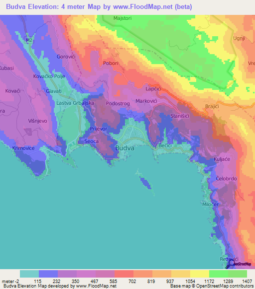 Budva,Montenegro Elevation Map