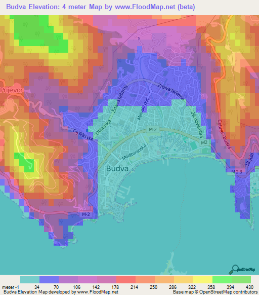 Budva,Montenegro Elevation Map