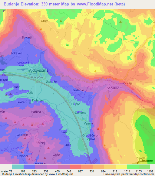 Budanje,Slovenia Elevation Map