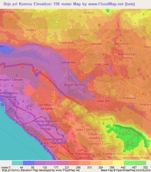 Brje pri Komnu,Slovenia Elevation Map