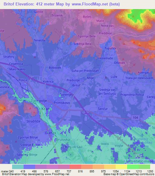 Britof,Slovenia Elevation Map