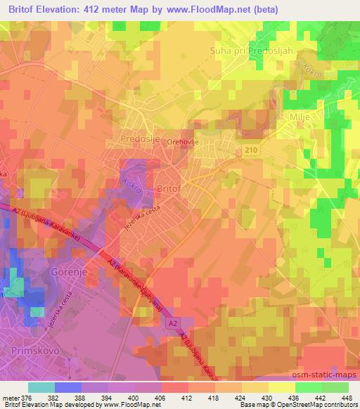 Britof,Slovenia Elevation Map