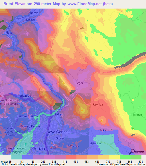 Britof,Slovenia Elevation Map