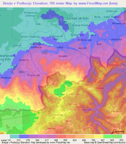 Brezje v Podbocju,Slovenia Elevation Map