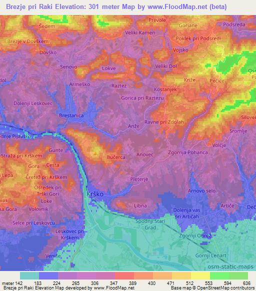 Brezje pri Raki,Slovenia Elevation Map