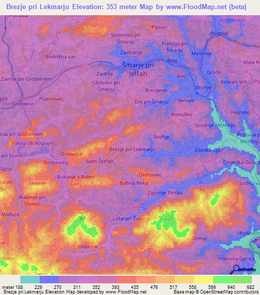 Brezje pri Lekmarju,Slovenia Elevation Map