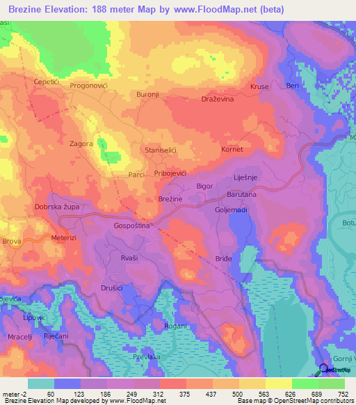 Brezine,Montenegro Elevation Map