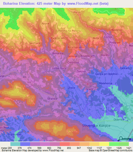 Boharina,Slovenia Elevation Map