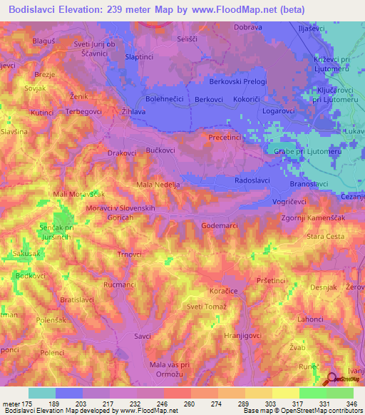 Bodislavci,Slovenia Elevation Map