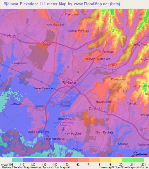 Bjelovar,Croatia Elevation Map