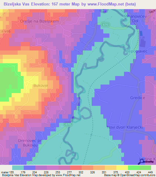 Bizeljska Vas,Slovenia Elevation Map