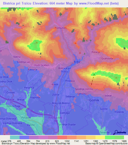 Bistrica pri Trzicu,Slovenia Elevation Map