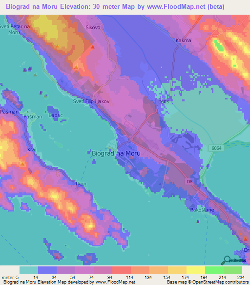 Biograd na Moru,Croatia Elevation Map