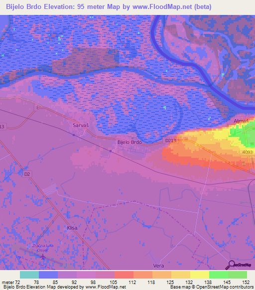 Bijelo Brdo,Croatia Elevation Map