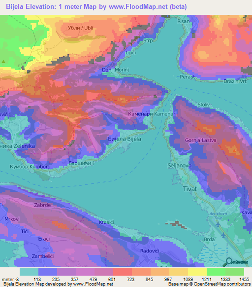 Bijela,Montenegro Elevation Map