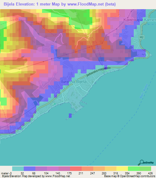 Bijela,Montenegro Elevation Map